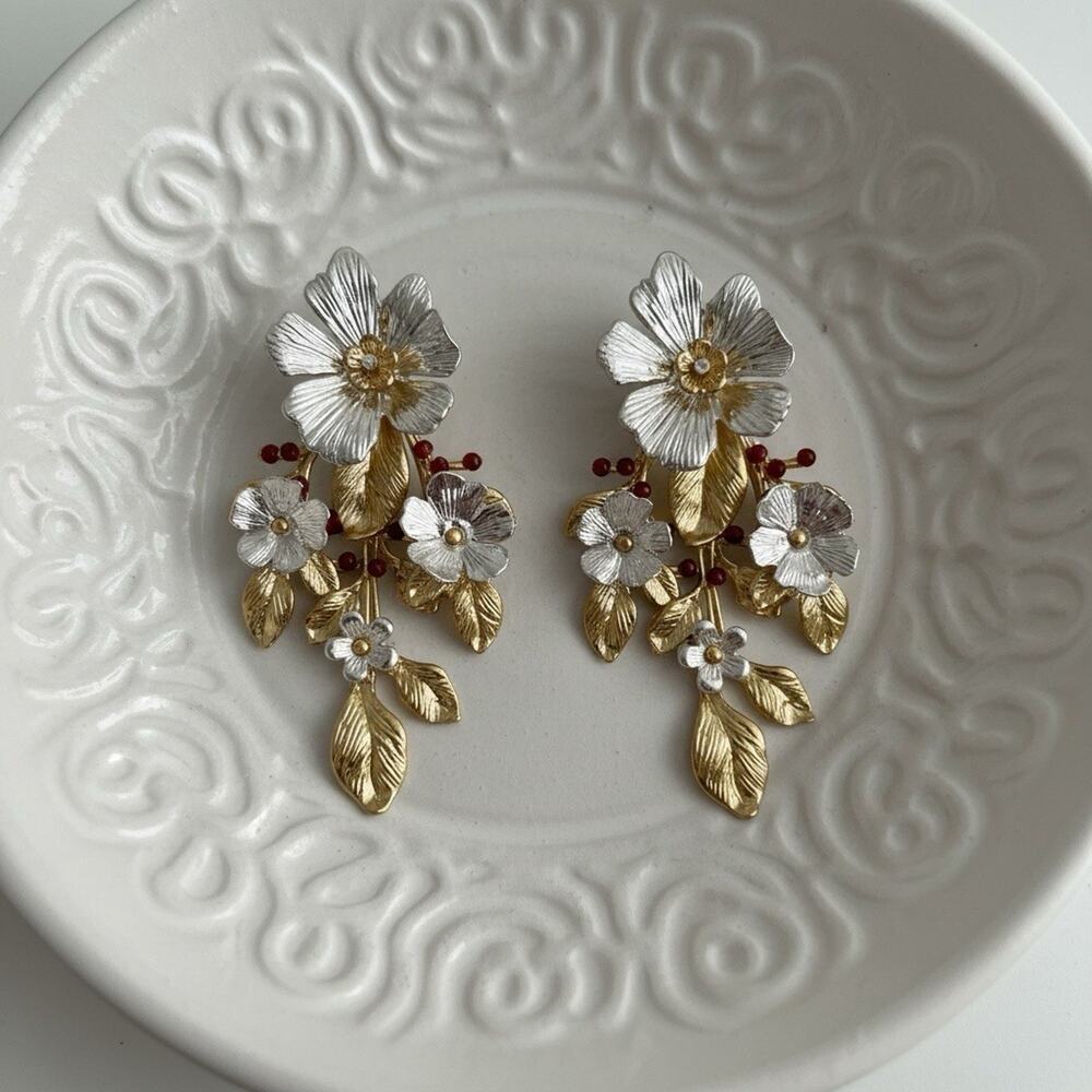 Flower Earrings Zara Bafta Silver Gold Cascading Floral Branch Berry Leaf Y2K